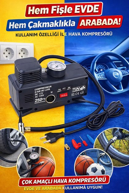 220 Volt-12 Volt 250 Psi Psi Kompresör Lastik Hava Şişirme Oto Pompası Fişli Çakmaklıklı