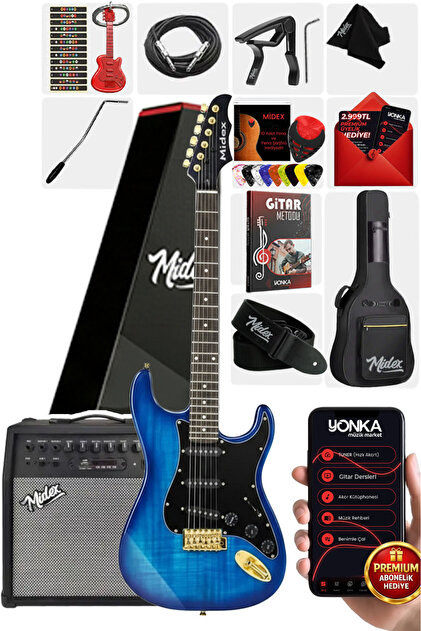 Midex Rph-40bk Full Black Elektro Gitar Seti Hsh Manyetik Gül