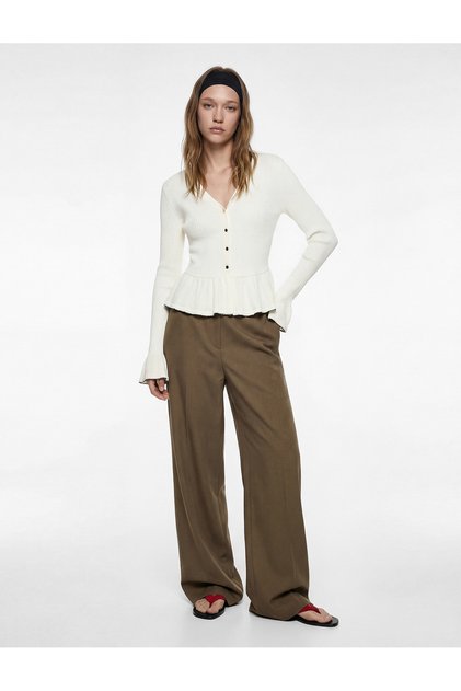 Buttoned Long Sleeve V-Neck Cotton Flounce Knitwear Peplum Cardigan