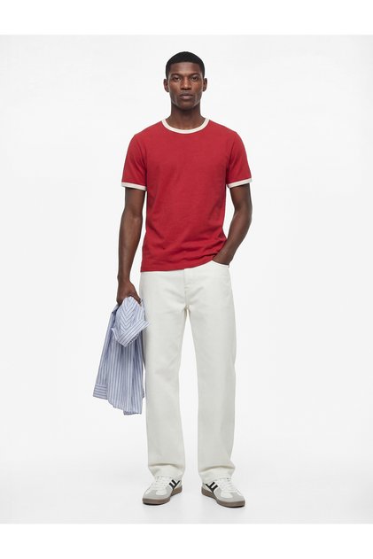 Short Sleeve Ribbed Cotton T-Shirt with Crew Neck and Slim Fit