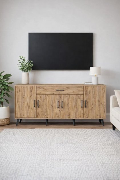 Arges Yemek Odası Konsolu 3 Raflı 4 Kapaklı TV Ünitesi 176x30x83 Çam-Çam