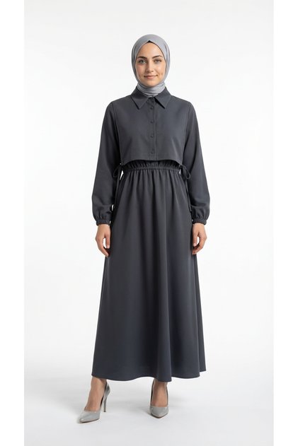 Rochie Bolero Hijab pentru damă -liyan Rochie de manta cu vestă elastică în talie-mf1750 Gri
