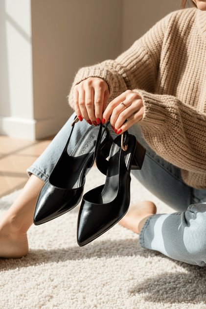 Aura Black Wrinkled Patent Leather (4 cm Heel Height) Pointed Toe Heeled Ballerina Shoes