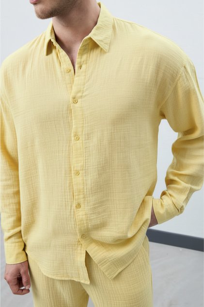 Men's Yellow Oversized Relaxed Fit Premium Summer Textured Long Sleeve Muslin Shirt
