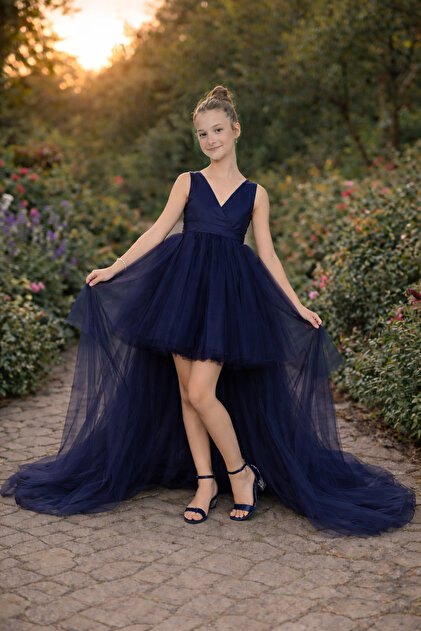 SUNEH Girl's Navy Blue Wrap Graduation Birthday Dress- Trendyol