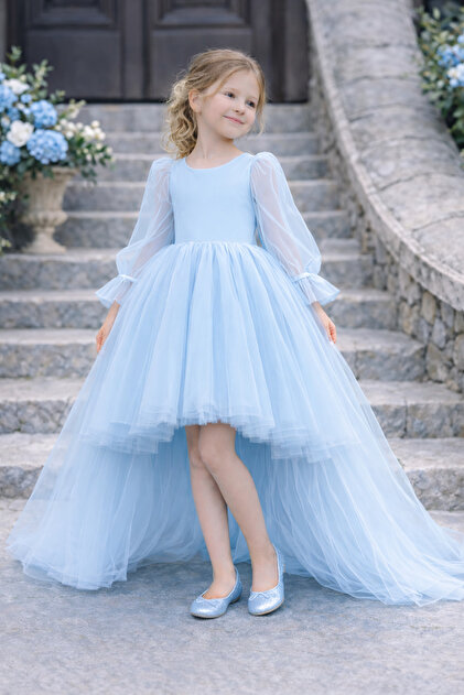 SUNEH Girl's Front Short Back Long Tail Detailed Long Sleeve Baby Blue Ball  Gown, Party & Graduation Dress- Trendyol