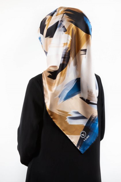 Twill Fırça Desenli Bebe Mavisi Renkli 90x90 Eşarp (İpek İçermez) Kenar Dikiş Şekli El Dikişli