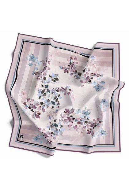 Twill Çiçek Desenli Mor Renkli 90x90 Eşarp (İpek İçermez) Kenar Dikiş Şekli El Dikişli