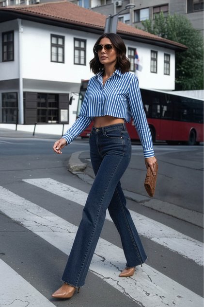 Women's High Waist Straight Cut Navy Blue Jean Trousers with Detailed Cuffs