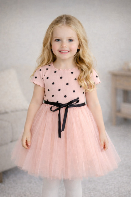 Linda Baby Girl Child Princess Fluffy Tutu Dress Polka Dot Short Sleeve Flexible Lycra Tulle Dress