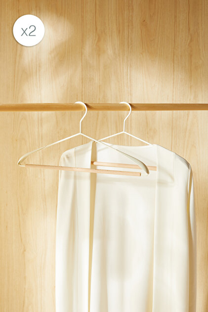 2-Piece Wooden Support Shoulder-Shaped Matte White Metal Clothes Hanger, Garment Hanger 21.5X42X0.5