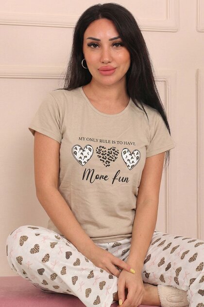 Women's "More Fun" Slogan Heart Print and Patterned Bottom Jersey Short Sleeve Pajama Set