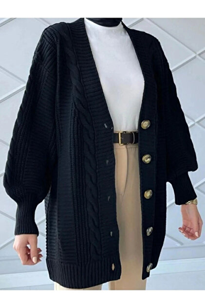 Cardigan tricotat cu model împletit, negru