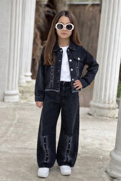 Girls' Large-Stone Black Jeans and Denim Jacket Set - Holiday Outfit