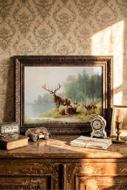 Deers by the Lake - Vintage Patterned Frame