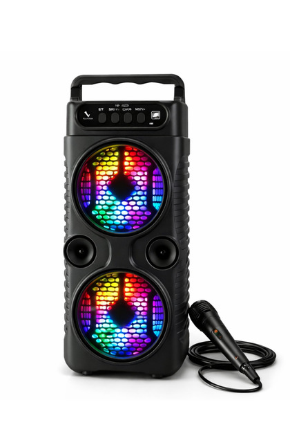 Bluetooth Hoparlör Mikrofonlu Led Işıklı Şarjlı Karaoke Ses Bombası Radyo Usb Sd Girişli Yüksek Ses