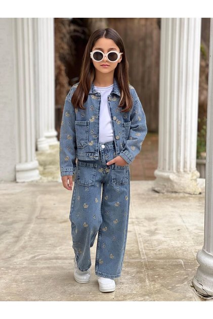 GIRL'S EMBROIDERED BLUE JEANS AND DENIM JACKET SET - HOLIDAY OUTFIT