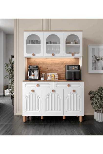 3 Kapaklı Kahve Köşesi – 140 cm MDF, LED Aydınlatmalı, Çok Amaçlı Mutfak ve Airfryer Dolabı