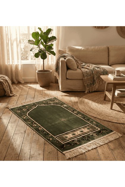 Thick and Soft Masjid Al-Haram Inspired Imam Mosque Prayer Mat, 5mm Thick, Green, 110X70