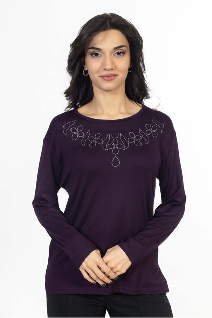 New Model Stone Embroidered Round Collar Lycra Mother's Combed Cotton Blouse 6435