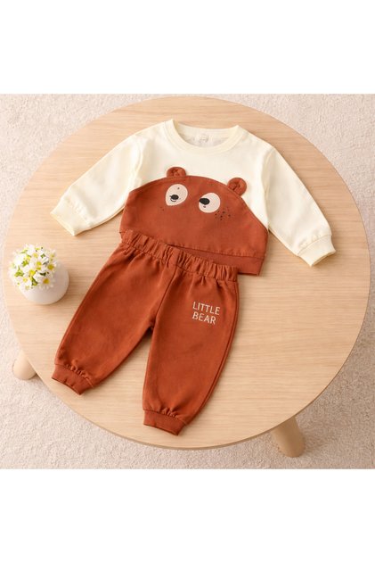 6-24 Months Baby Boy Tracksuit Set – Teddy Bear Pattern, 100% Cotton, Soft Texture, Comfortable Fit