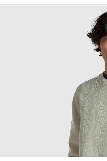Men's cream wool blend crew neck sweater with logo embroidery