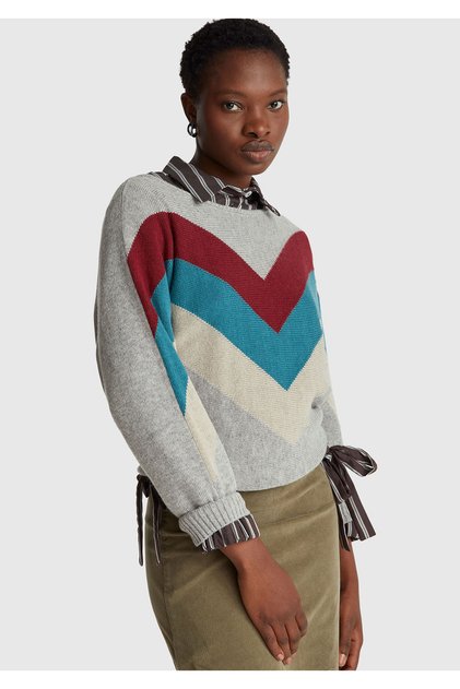 Women's grey melange cashmere blend patterned boat neck stranger things sweater