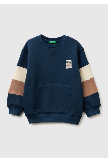 Boy's Dark Navy Blue Sleeve Detail Color Block Logo Label Crew Neck Sweatshirt