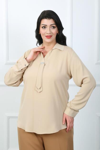 Women's Mink Front Stone Detail Jessica Fabric Large Size Shirt