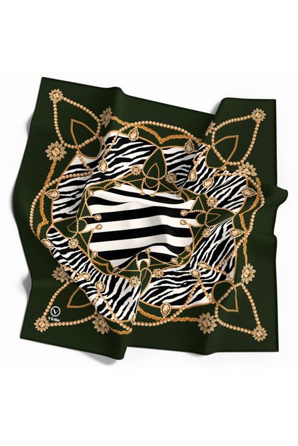 Twill Gold Detaylı Zebra Desenli Zümrüt Yeşili Renkli 90x90 Eşarp (İpek İçermez) Kenar Dikiş Şekli E