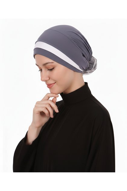 Layered Dark Grey-Cream Ready-To-Wear Turban Hijab with Organza Roses on the Back, Suitable for Medical Use