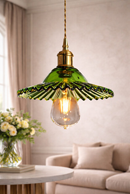 インテリアライト Luna Lighting Torino Model Yeşil Cam Klasik Sarkıt Tekli Avize