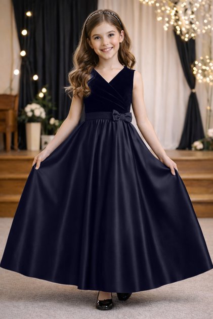 Girl's Velvet Evening Gown – Double-Breasted Collar Velvet Dress Graduation & Wedding Dress