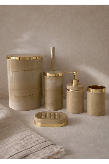 5 Piece Marble Pattern Cream Bathroom Set / WC Brush Holder, Liquid - Bar Soap Dispenser, Trash Can, Toothbrush Holder