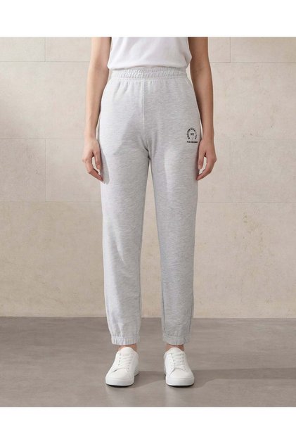 Women Mid-Grey Elasticated Hem Cotton Terry Jog Pant