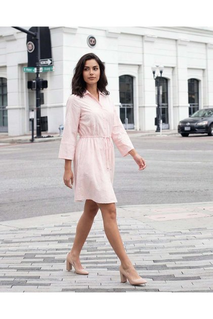 Women Pink Plain Collar Neck Front Belted Midi Dress