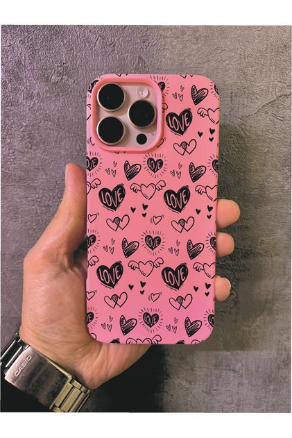 iPhone 13 Pro Max Compatible Black Heart Patterned Pink Case