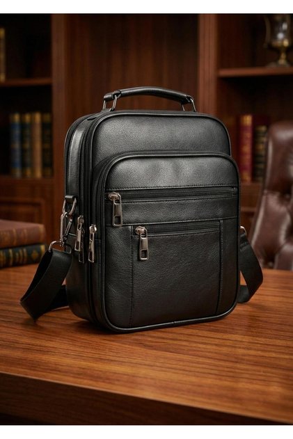 Men's Black Crossbody Shoulder Bag with Multiple Compartments and Hand Grip