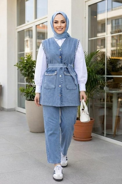 Women's Stone Embellished Belted Vest-Pants Light Denim Blue Two-Piece Set