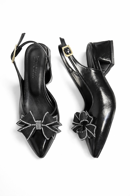Afra Bow-Tied Black Wrinkled Patent Leather (4 cm Heel Length) Pointed Toe Heeled Ballerina Shoes