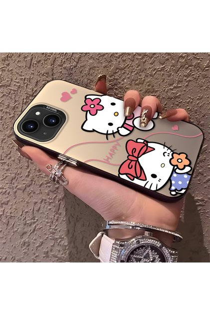 Silicone Edge Hard Back Phone Case Compatible with iPhone 15 Kitty Pattern