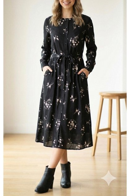 Rochie maxi micro suknă cu mâneci lungi, cu guler, cu nasturi, cu curea, cu modele
