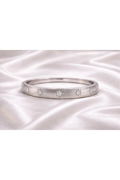 Stone Detailed Wide Silver Handcuffs