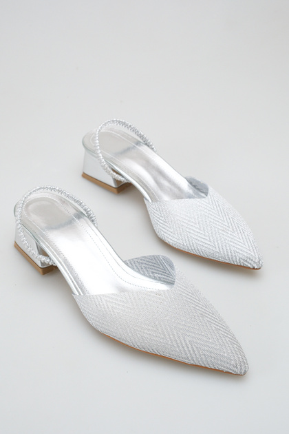 Women's Open Back Elastic Glittery Heeled Shoes Silver