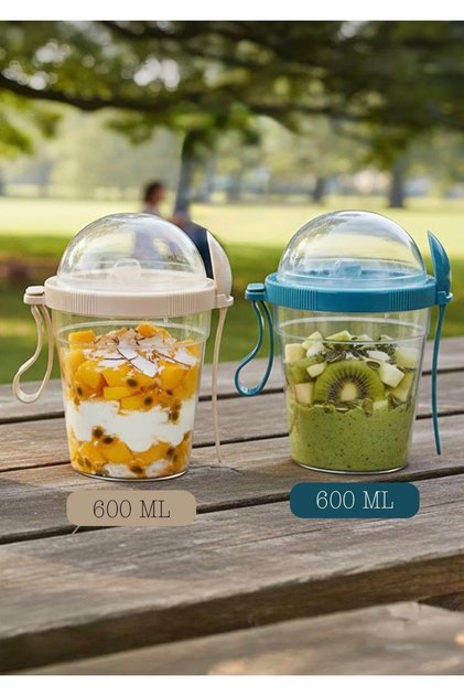2 τεμάχια 600 ml Granola Muesli Milk Cup, Δοχείο γιαουρτιού με κουτάλι