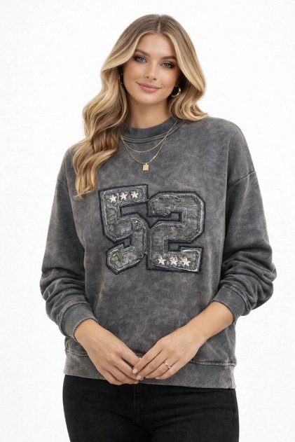 Anthracite Gray Washed Crew Neck Printed Women's Sweatshirt