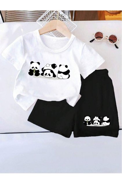 Summer Triple Panda Printed Boys and Girls Black Shorts and White T-Shirt Set