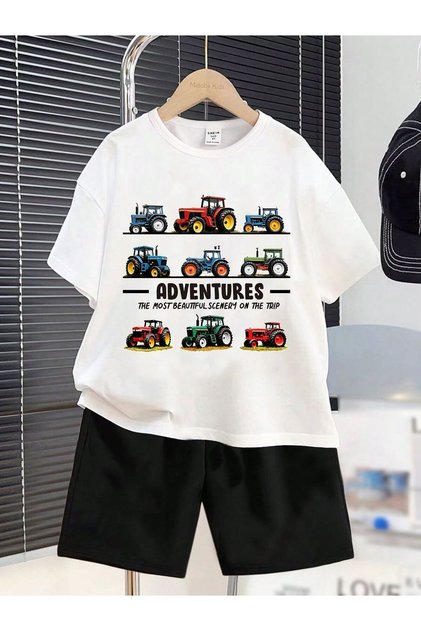 Summer Adventures Printed Boys' Black Shorts and White T-Shirt Set