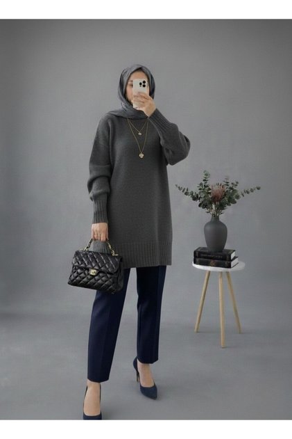 Antrasit Bisiklet Yaka Oversize Kadın Triko Tunik