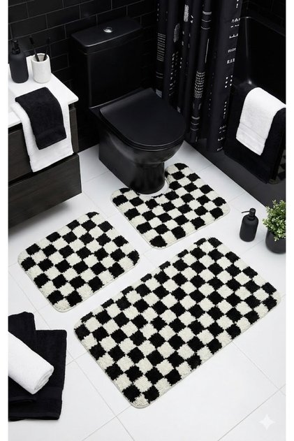 Chess Dama Pattern Latex Non-Slip Base Machine Washable 3-Piece Bath Mat 60X100 60X50 60X50 cm